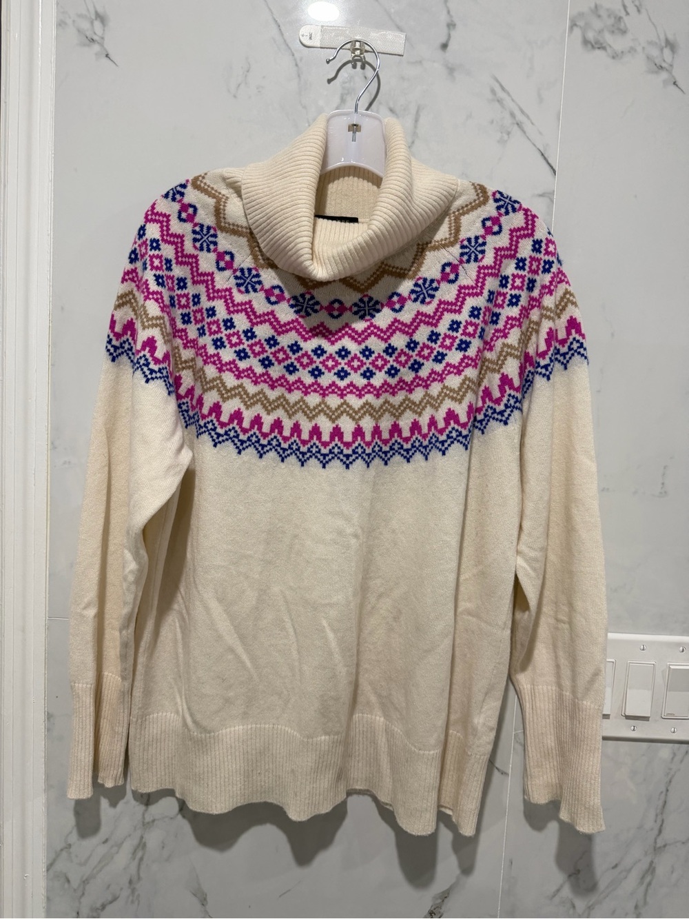 Charter Club cashmere Cream Cowl-Neck Sweater with Pink & Blue Fair Isle Yoke